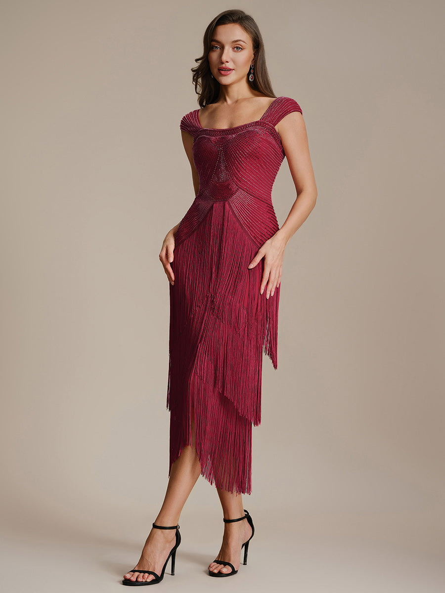 Color=Burgundy | Fast Delivery Sleeveless Square Neck Bodycon Tea Length Beaded Wedding Guest Dresses-Burgundy 5