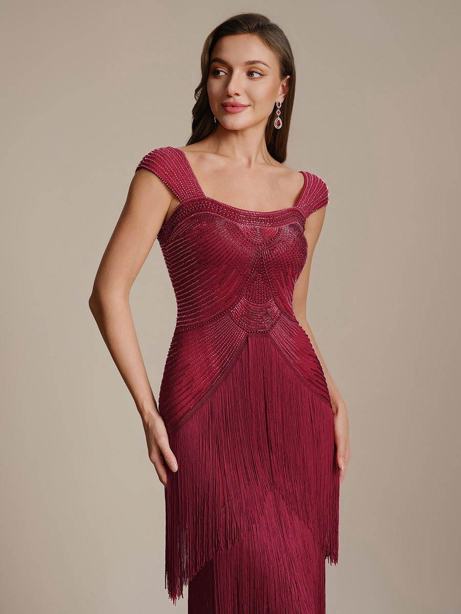 Color=Burgundy | Fast Delivery Sleeveless Square Neck Bodycon Tea Length Beaded Wedding Guest Dresses-Burgundy 3