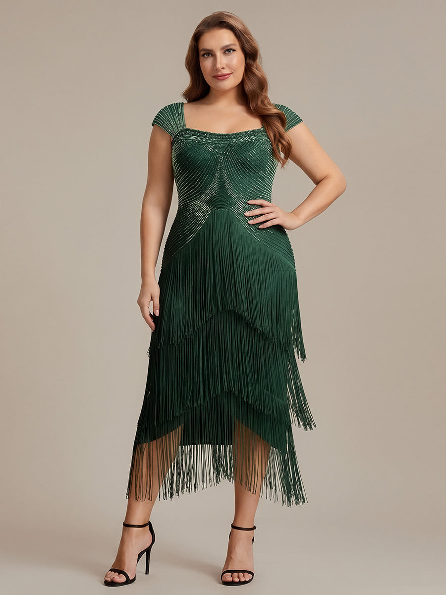 Color=Dark Green | Fast Delivery Sleeveless Square Neck Bodycon Tea Length Beaded Wedding Guest Dresses-Dark Green 20