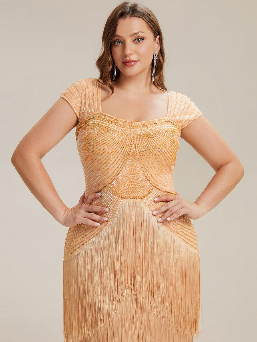 Color=Gold | Fast Delivery Sleeveless Square Neck Bodycon Tea Length Beaded Wedding Guest Dresses-Gold 38
