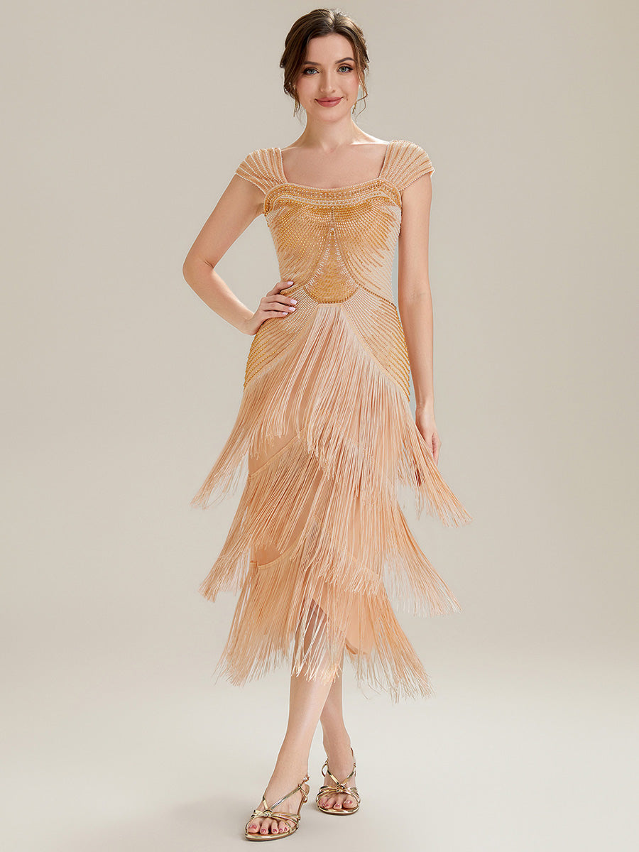 Color=Gold | Fast Delivery Sleeveless Square Neck Bodycon Tea Length Beaded Wedding Guest Dresses-Gold 31