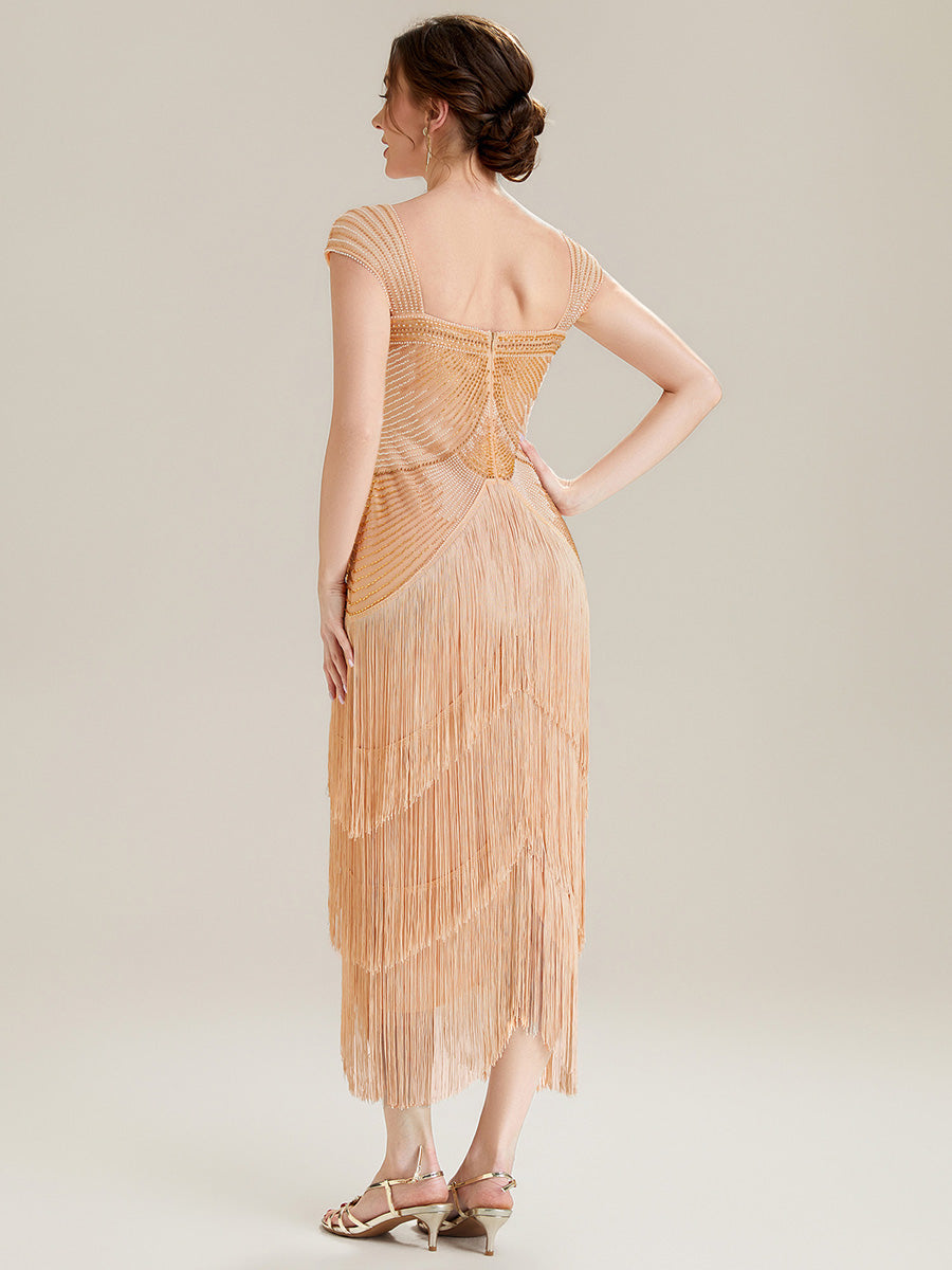 Color=Gold | Fast Delivery Sleeveless Square Neck Bodycon Tea Length Beaded Wedding Guest Dresses-Gold 32