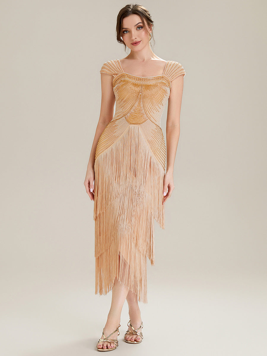 Color=Gold | Fast Delivery Sleeveless Square Neck Bodycon Tea Length Beaded Wedding Guest Dresses-Gold 34