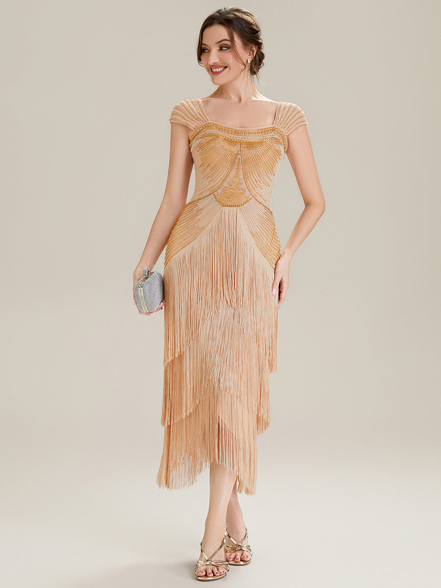 Color=Gold | Fast Delivery Sleeveless Square Neck Bodycon Tea Length Beaded Wedding Guest Dresses-Gold 35