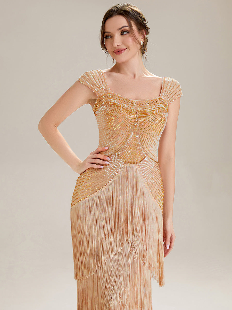 Color=Gold | Volume Discounts Strapless Sheath Midi Length Square Neck Beaded Wedding Guest Dress-Gold 3