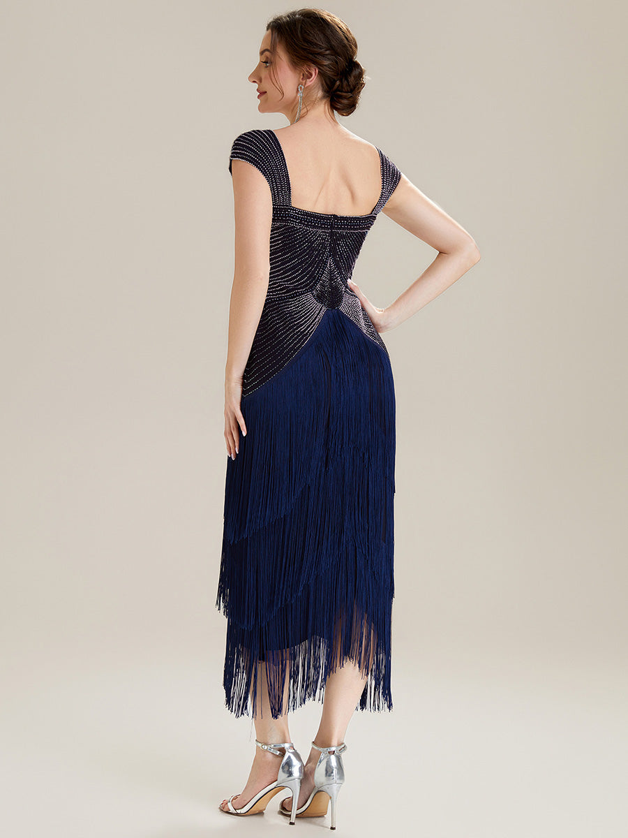 Color=Navy Blue | Volume Discounts Strapless Sheath Midi Length Square Neck Beaded Wedding Guest Dress-Navy Blue 7