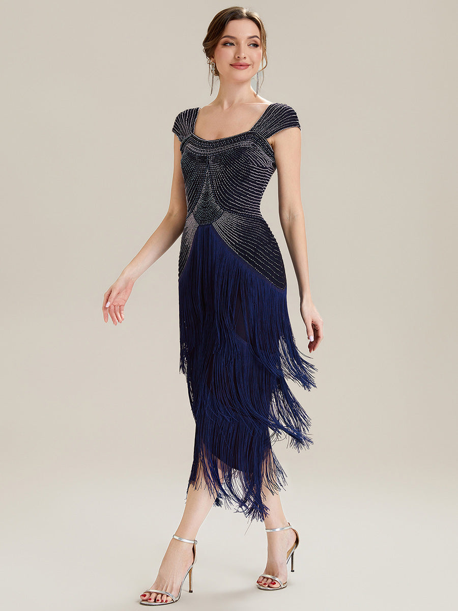 Color=Navy Blue | Fast Delivery Sleeveless Square Neck Bodycon Tea Length Beaded Wedding Guest Dresses-Navy Blue 44