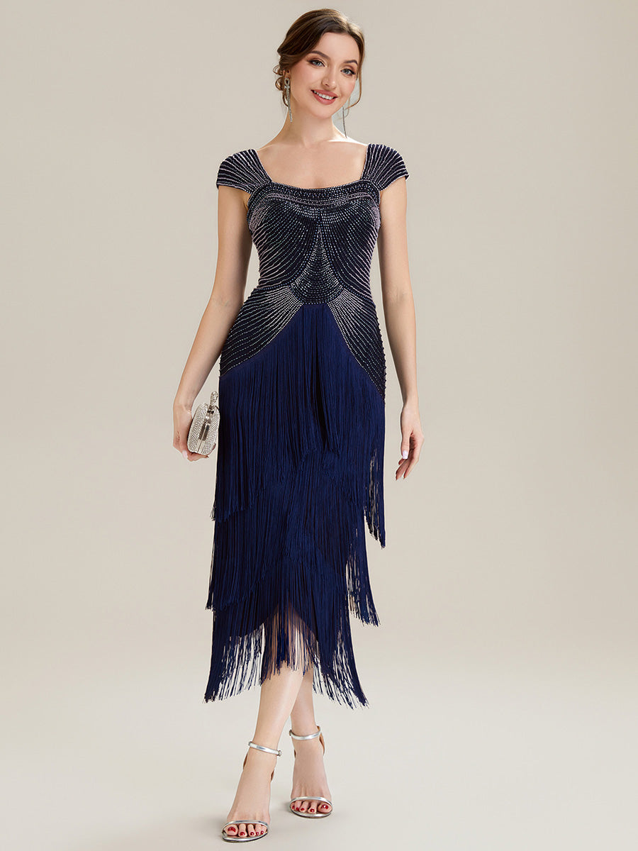 Color=Navy Blue | Fast Delivery Sleeveless Square Neck Bodycon Tea Length Beaded Wedding Guest Dresses-Navy Blue 45