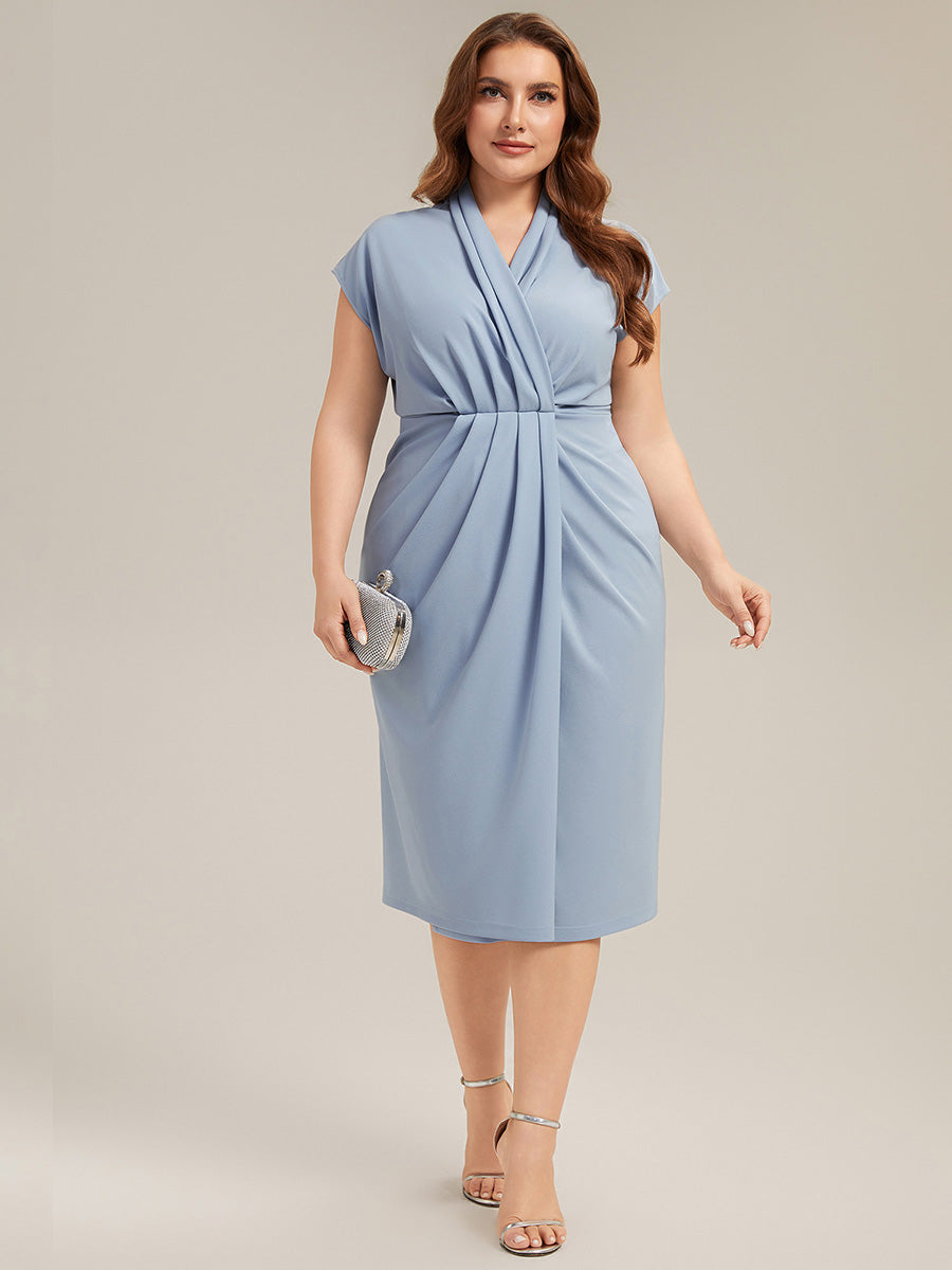 Color=Ice Blue | Volume Discounts Short Sleeves Deep V-Neck Gathered Bodycon Midi Wedding Guest Dresses-Ice Blue 9
