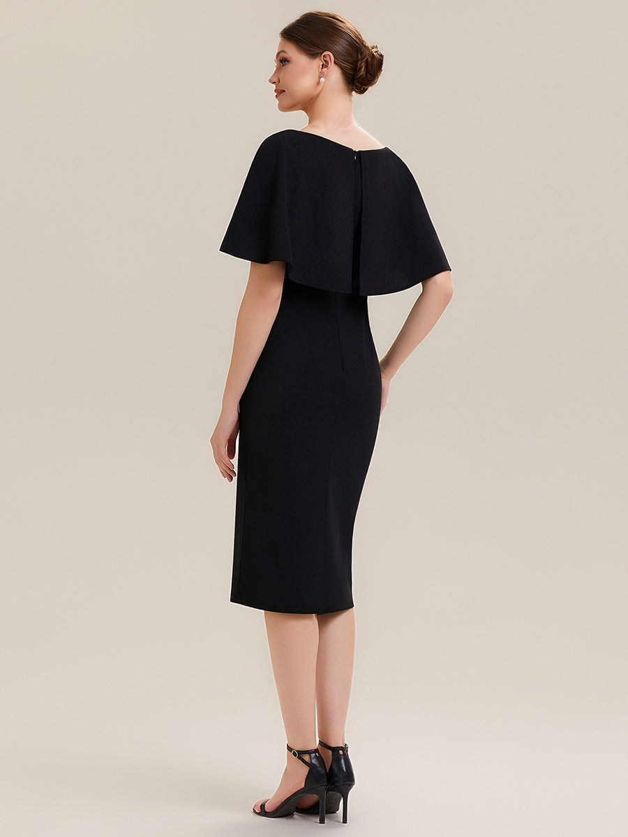 Color=Black | B2B-Exclusive Half Sleeve Shawl Sheath High Stretch Round Neck Knee Length Wedding Guest Dresses-Black 2