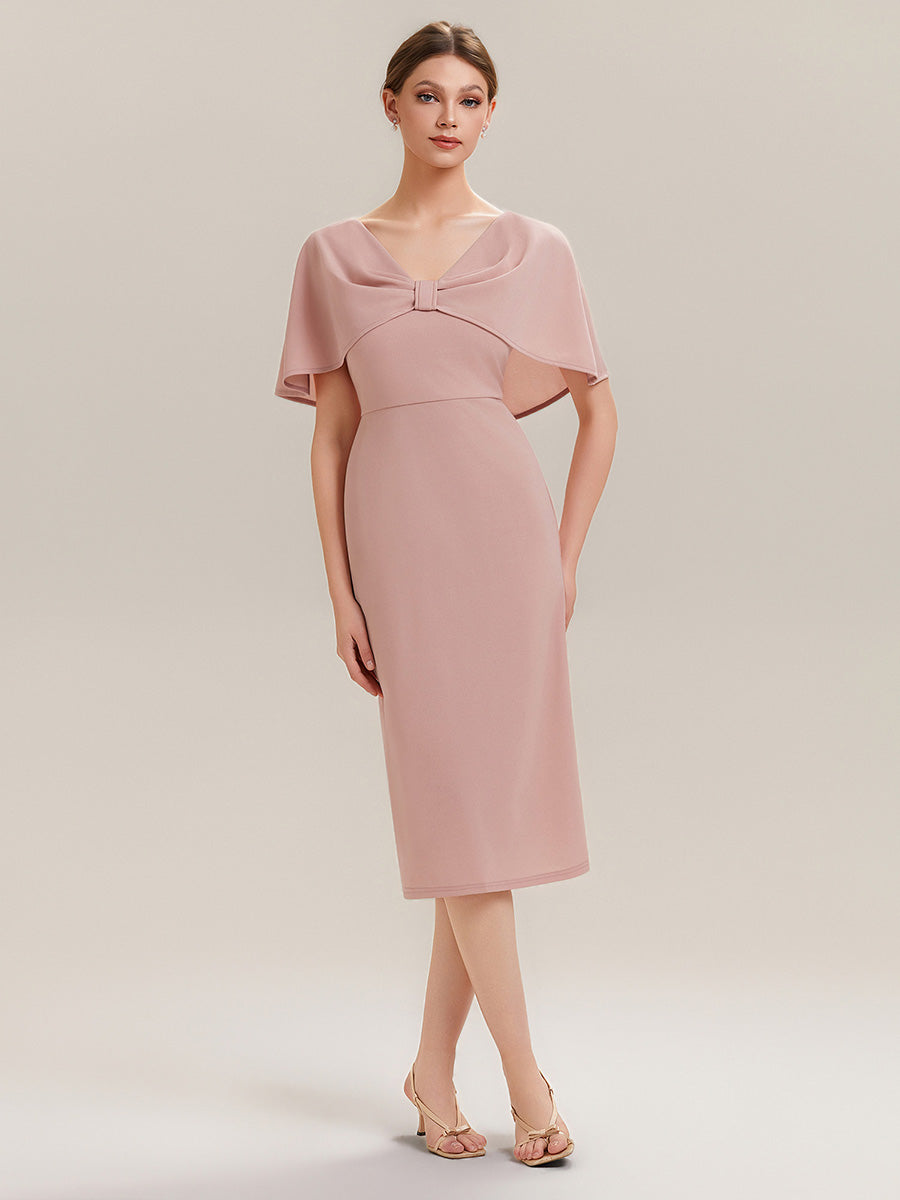 Color=Dusty Rose | B2B-Exclusive Half Sleeve Shawl Sheath High Stretch Round Neck Knee Length Wedding Guest Dresses-Dusty Rose 11