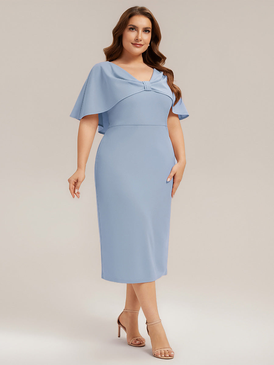 Color=Ice Blue | Wholesale Half Sleeve V-Neck High Stretch Sheath Midi Wedding Guest Dresses-Ice Blue 9