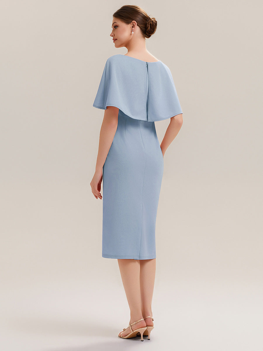 Color=Ice Blue | Wholesale Half Sleeve V-Neck High Stretch Sheath Midi Wedding Guest Dresses-Ice Blue 2