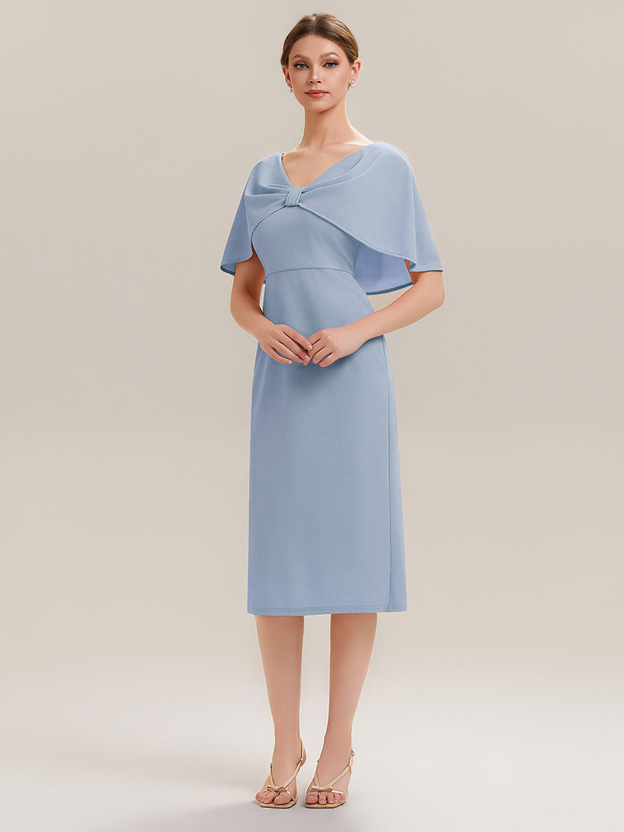Color=Ice Blue | Wholesale Half Sleeve V-Neck High Stretch Sheath Midi Wedding Guest Dresses-Ice Blue 4