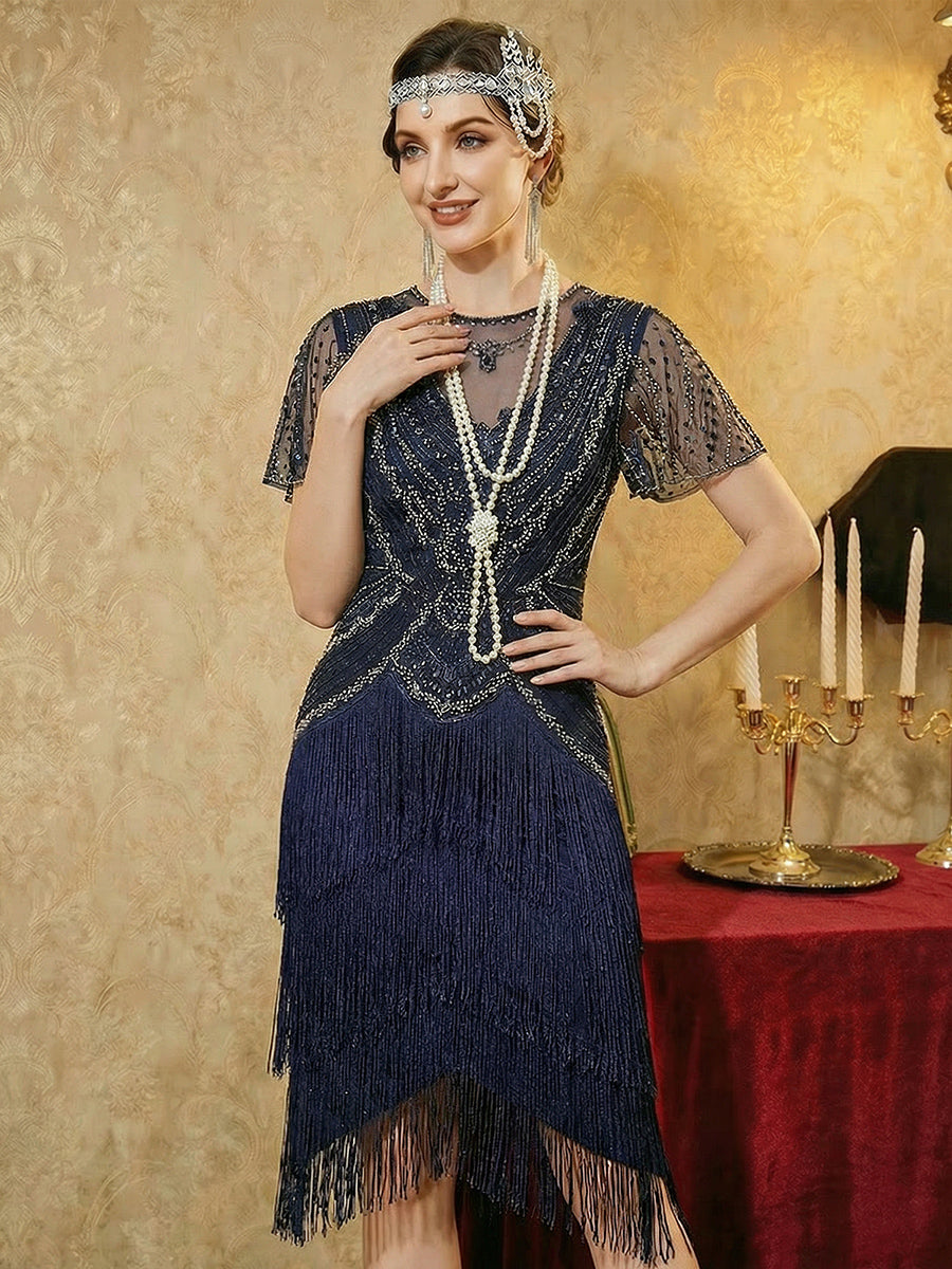 Color=Navy Blue | Factory Design Short Sleeve Ruffle Sequin Round Neck Tiered Midi Wedding Guest Dresses-Navy Blue 9