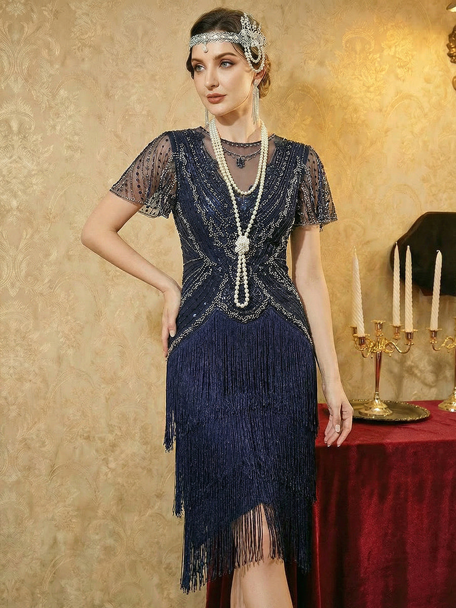 Color=Navy Blue | Factory Design Short Sleeve Ruffle Sequin Round Neck Tiered Midi Wedding Guest Dresses-Navy Blue 10