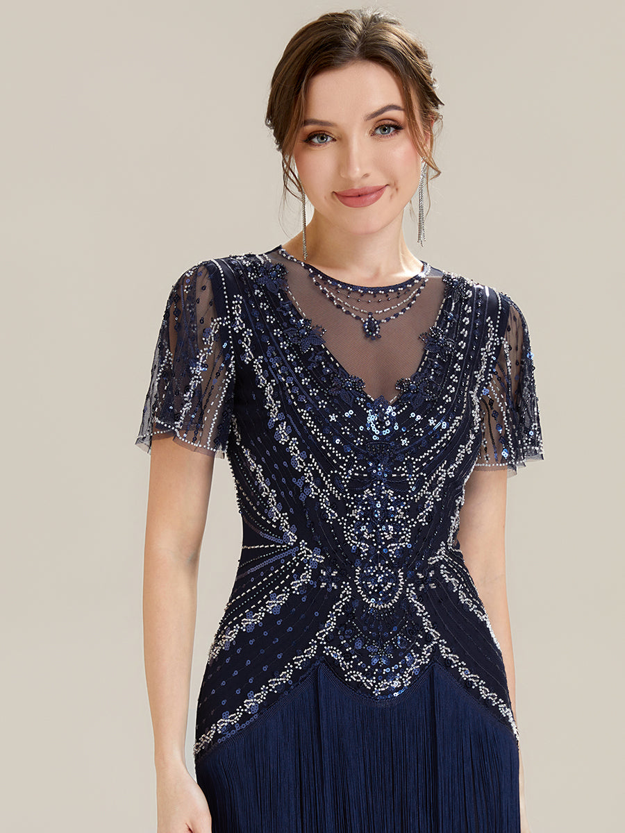 Color=Navy Blue | Factory Design Short Sleeve Ruffle Sequin Round Neck Tiered Midi Wedding Guest Dresses-Navy Blue 3