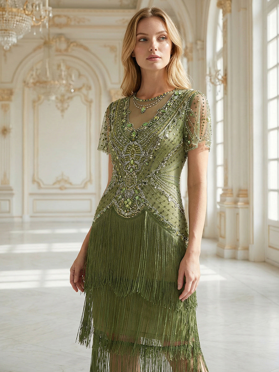 Factory Design Short Sleeve Ruffle Sequin Round Neck Tiered Midi Wedding Guest Dresses