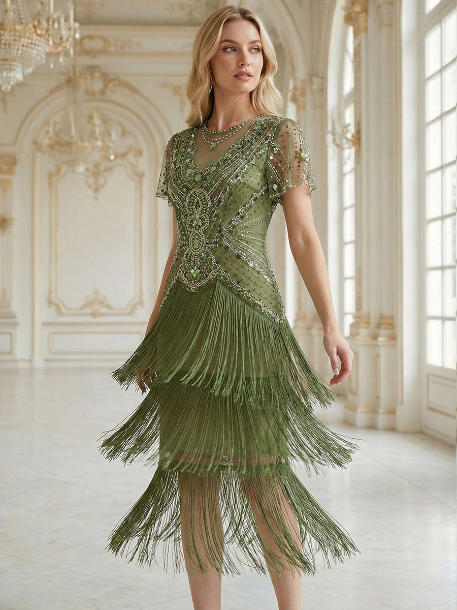 Factory Design Short Sleeve Ruffle Sequin Round Neck Tiered Midi Wedding Guest Dresses