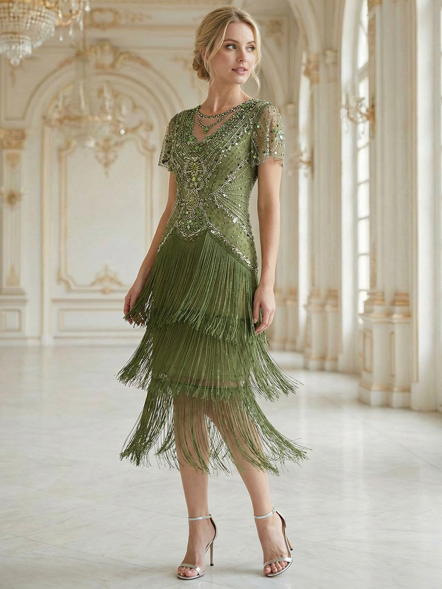 Factory Design Short Sleeve Ruffle Sequin Round Neck Tiered Midi Wedding Guest Dresses