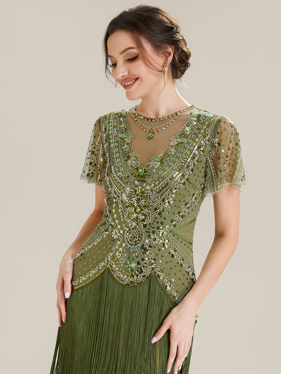 Color=Olive Green | Factory Design Short Sleeve Ruffle Sequin Round Neck Tiered Midi Wedding Guest Dresses-Olive Green 8