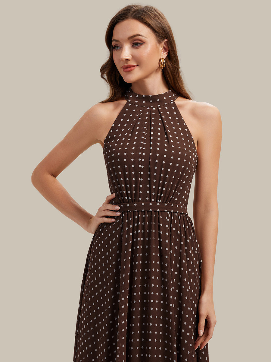 Color=Brown polka dots | Fast Delivery Sleeveless Halter Neck Pleated A-Line Midi Polka Dot Wedding Guest Dresses-Brown polka dots 3