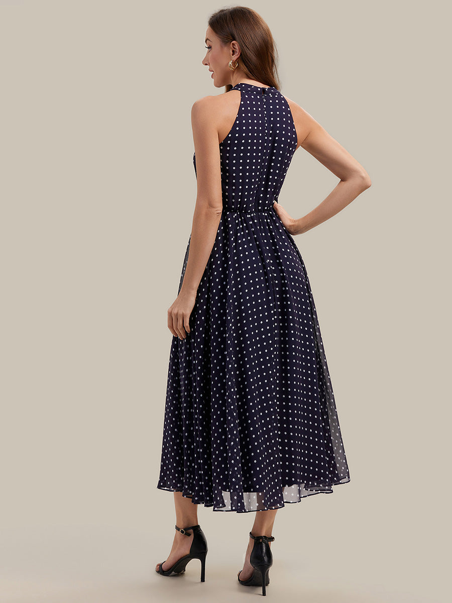 Color=Navy blue polka dots | Fast Delivery Sleeveless Halter Neck Pleated A-Line Midi Polka Dot Wedding Guest Dresses-Navy blue polka dots 7