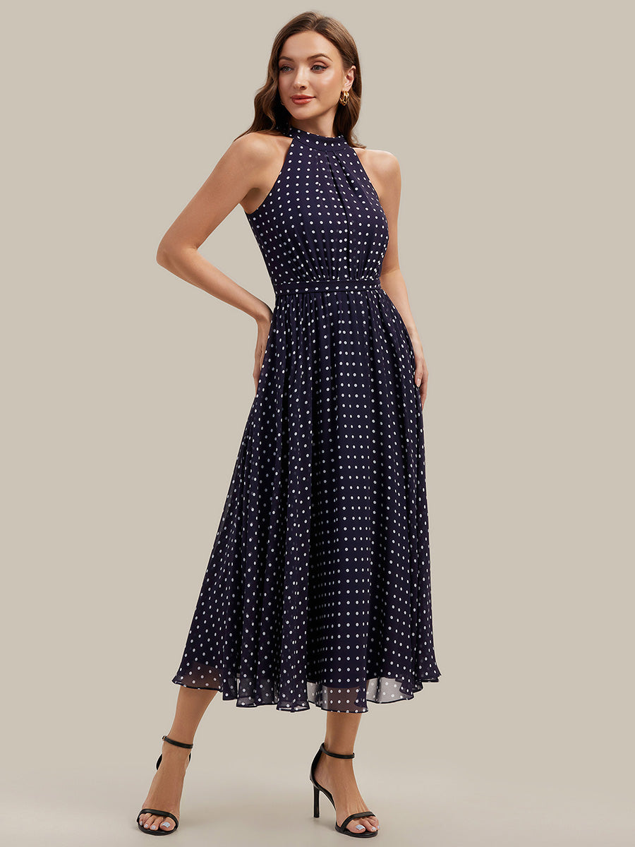 Color=Navy blue polka dots | Fast Delivery Sleeveless Halter Neck Pleated A-Line Midi Polka Dot Wedding Guest Dresses-Navy blue polka dots 9