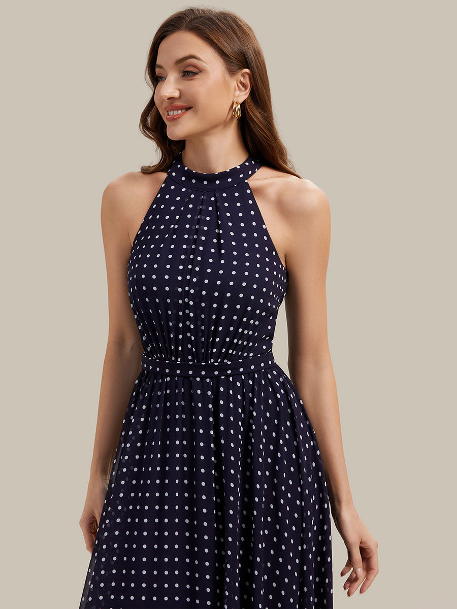 Color=Navy blue polka dots | Fast Delivery Sleeveless Halter Neck Pleated A-Line Midi Polka Dot Wedding Guest Dresses-Navy blue polka dots 8