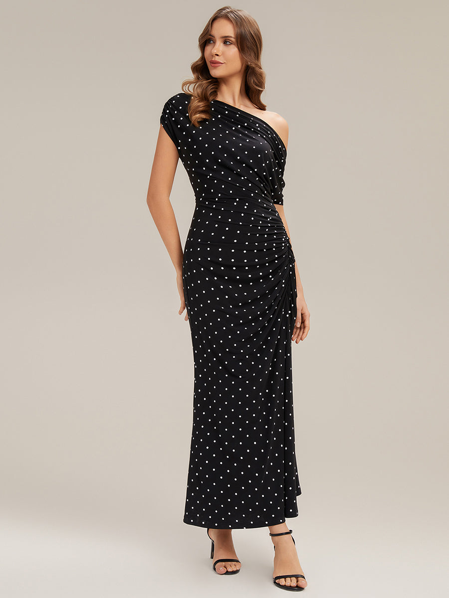 Color=Black polka dot | Wholesale Pricing Short Sleeves Asymmetrical Polka Dot Sheath Maxi Wedding Guest Dresses-Black polka dot 4