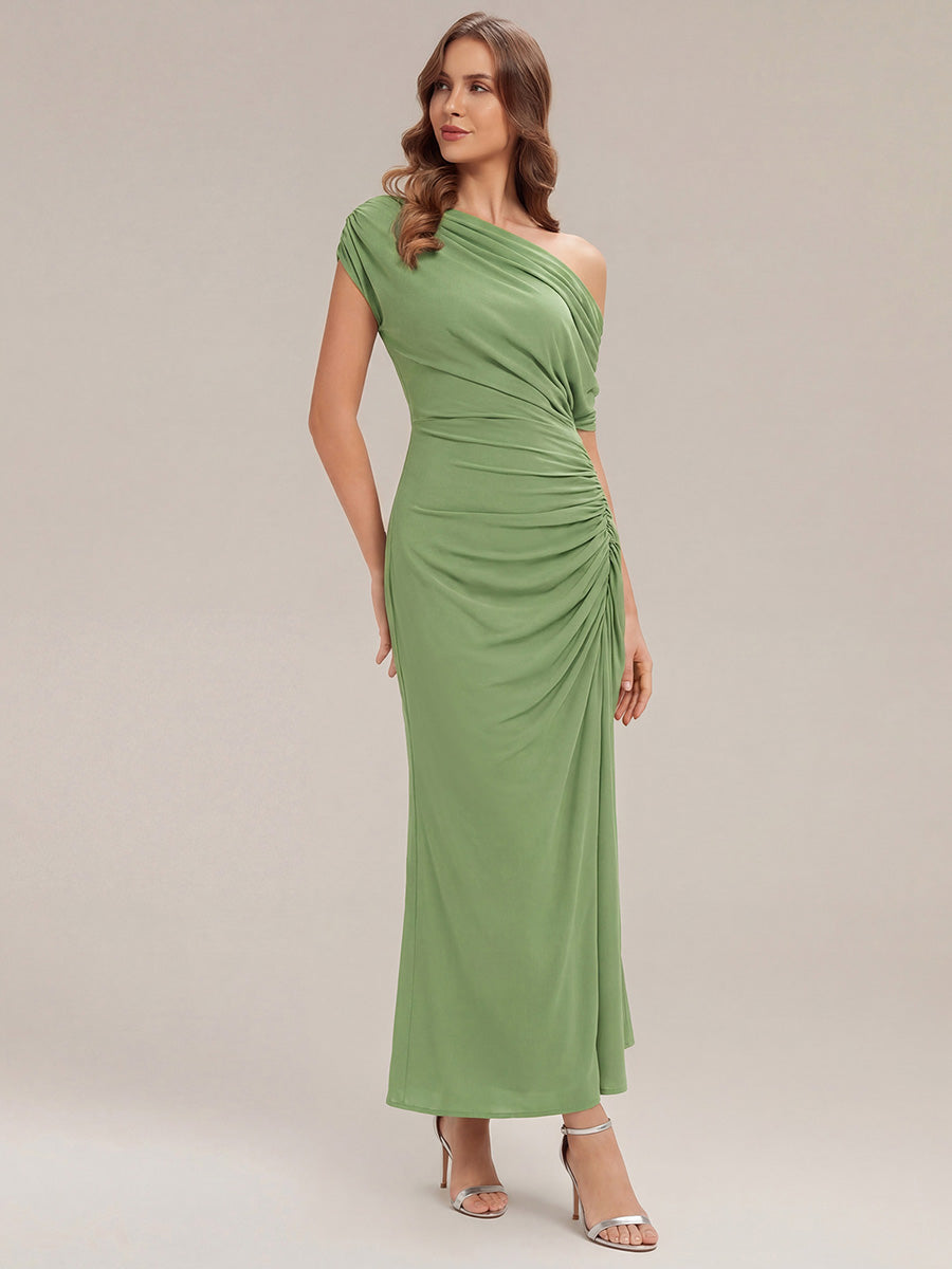 Color=Sage Green | Wholesale Pricing Short Sleeves Asymmetrical Polka Dot Sheath Maxi Wedding Guest Dresses-Sage Green 9