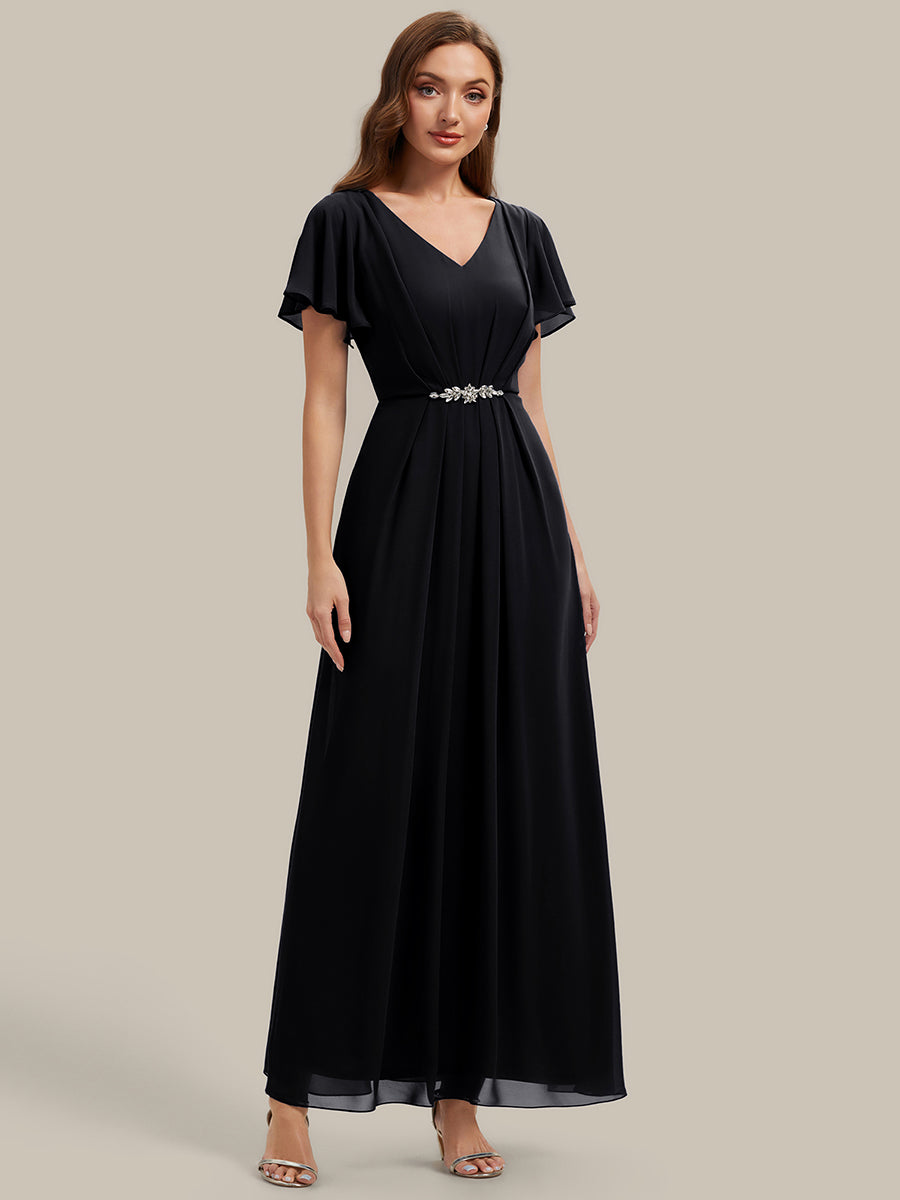 Color=Black | Wholesale Short Sleeve Ruffle V-Neck Beaded A-Line Maxi Wedding Guest Dresses-Black 5