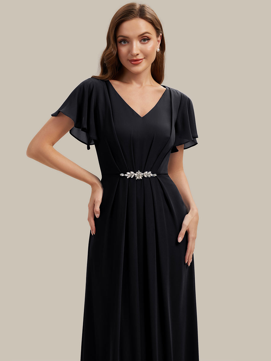 Color=Black | Wholesale Short Sleeve Ruffle V-Neck Beaded A-Line Maxi Wedding Guest Dresses-Black 3