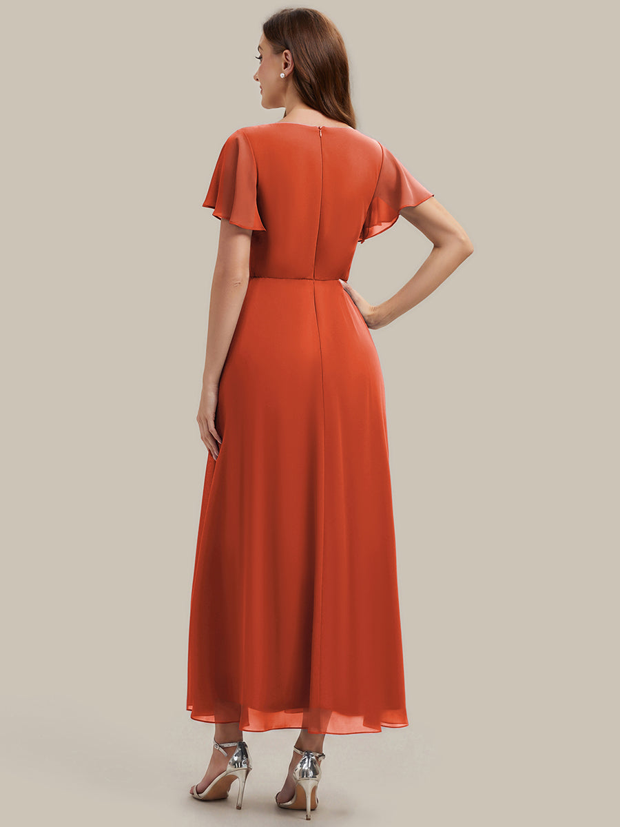 Color=Burnt Orange | Wholesale Short Sleeve Ruffle V-Neck Beaded A-Line Maxi Wedding Guest Dresses-Burnt Orange 2