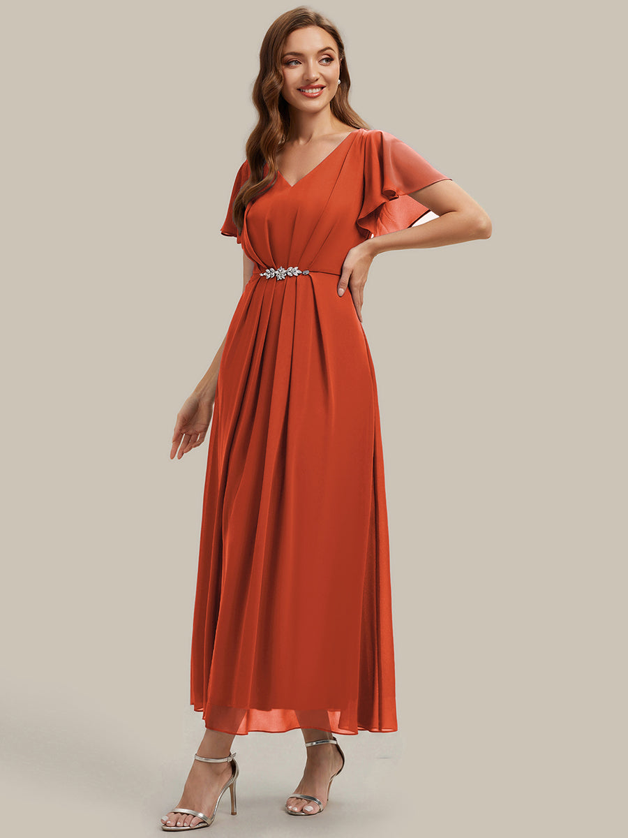 Color=Burnt Orange | Wholesale Short Sleeve Ruffle V-Neck Beaded A-Line Maxi Wedding Guest Dresses-Burnt Orange 3