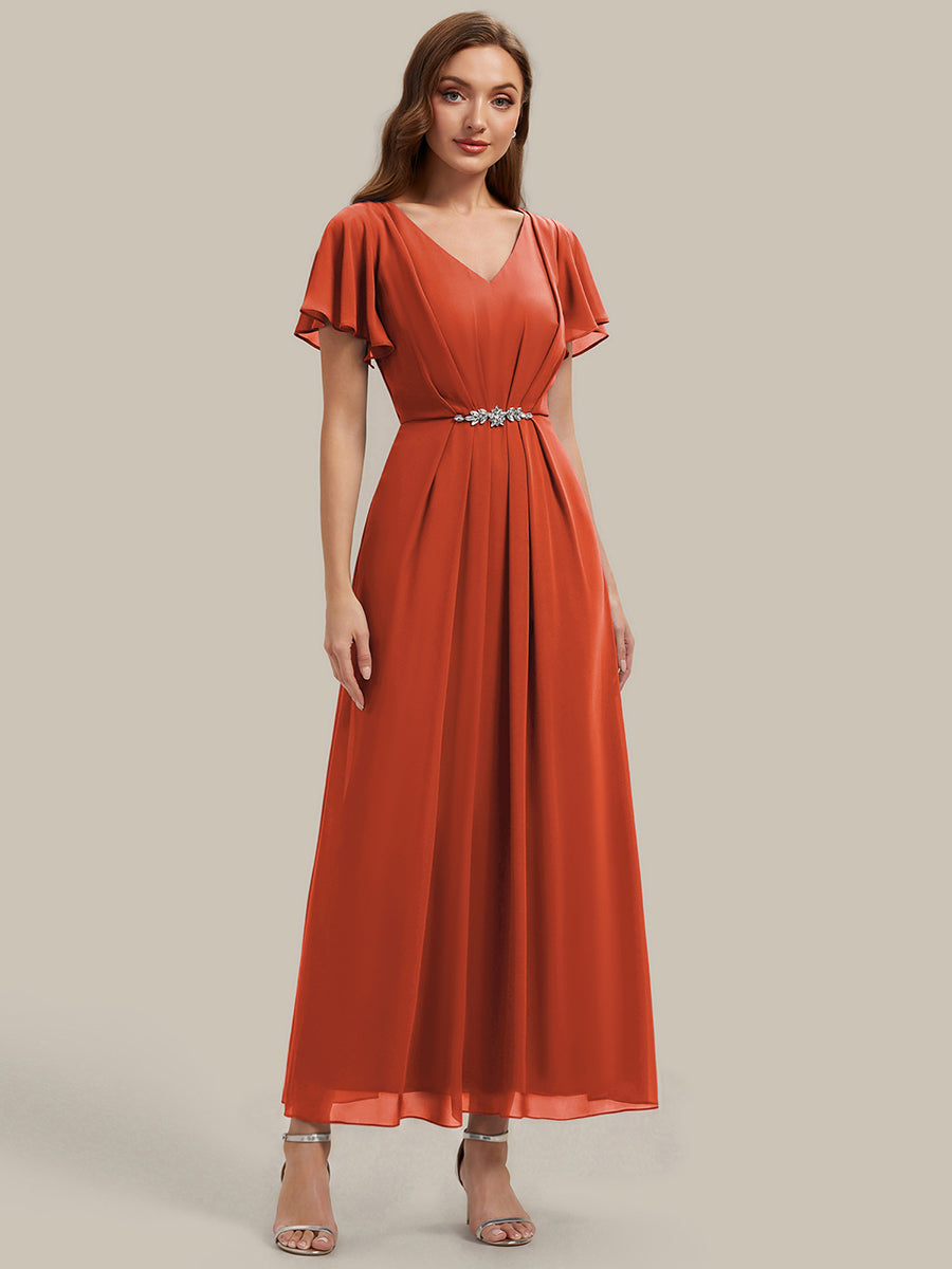 Color=Burnt Orange | Wholesale Short Sleeve Ruffle V-Neck Beaded A-Line Maxi Wedding Guest Dresses-Burnt Orange 4