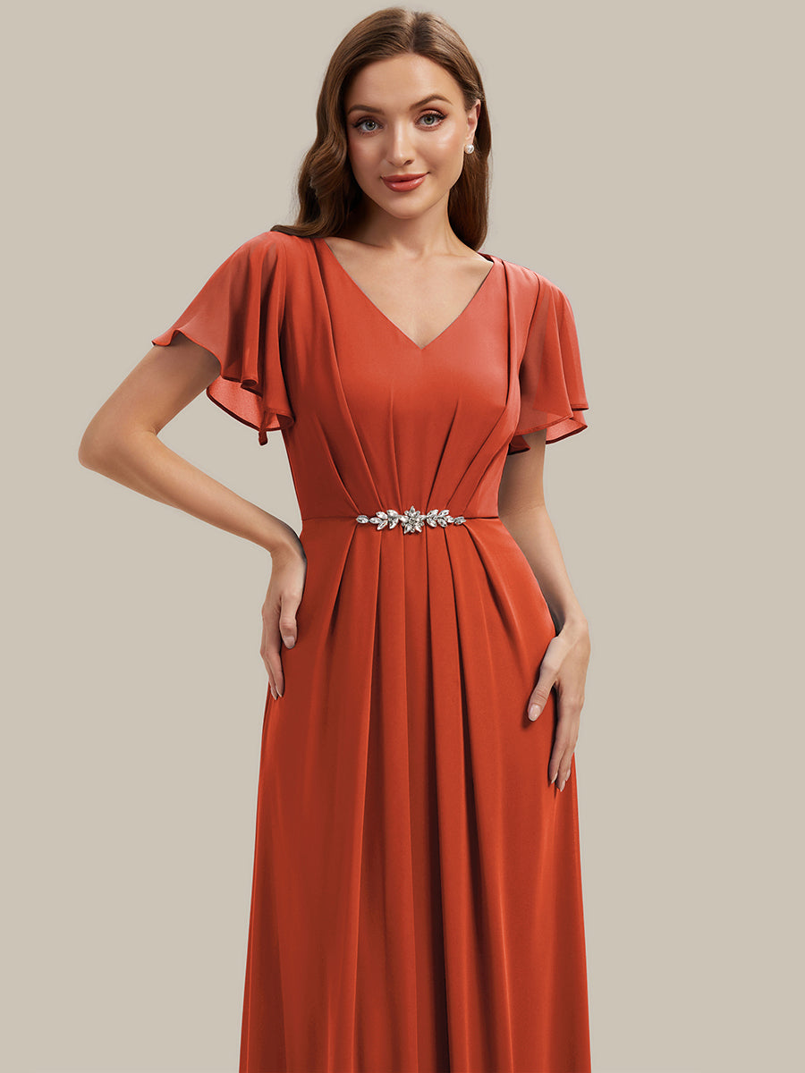 Color=Burnt Orange | Wholesale Short Sleeve Ruffle V-Neck Beaded A-Line Maxi Wedding Guest Dresses-Burnt Orange 5