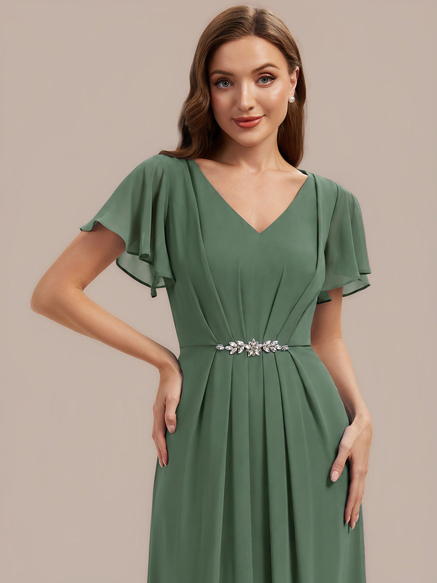 Color=Eucalyptus | Wholesale Short Sleeve Ruffle V-Neck Beaded A-Line Maxi Wedding Guest Dresses-Eucalyptus
