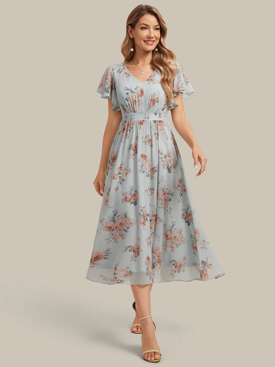 Color=Amber Bloom | One Stop Shop Short Sleeve Ruffle V-Neck A-Line Midi Non-Stretch Wedding Guest Dresses-Amber Bloom 1