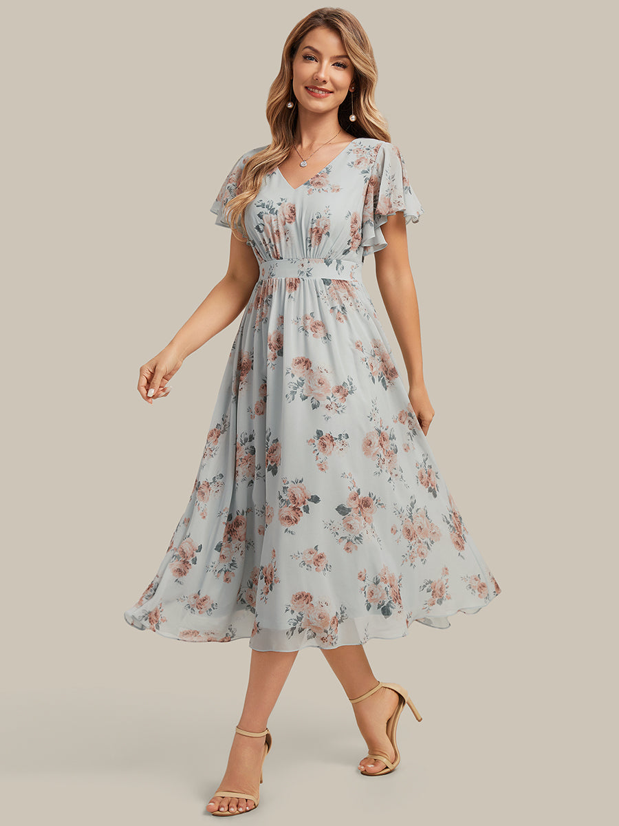 Color=Amber Bloom | One Stop Shop Short Sleeve Ruffle V-Neck A-Line Midi Non-Stretch Wedding Guest Dresses-Amber Bloom 3