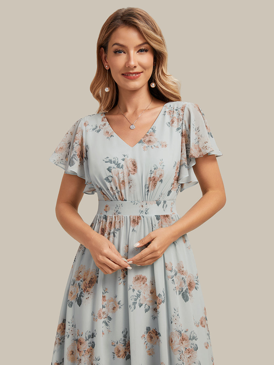 Color=Amber Bloom | One Stop Shop Short Sleeve Ruffle V-Neck A-Line Midi Non-Stretch Wedding Guest Dresses-Amber Bloom 5