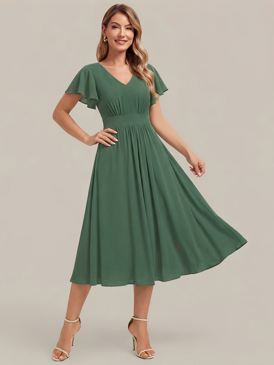Color=Eucalyptus | One Stop Shop Short Sleeve Ruffle V-Neck A-Line Midi Non-Stretch Wedding Guest Dresses-Eucalyptus 1