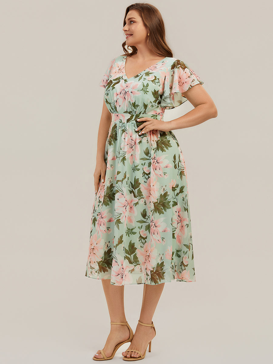 Color=Light Green Floral | One Stop Shop Short Sleeve Ruffle V-Neck A-Line Midi Non-Stretch Wedding Guest Dresses-Light Green Floral 9
