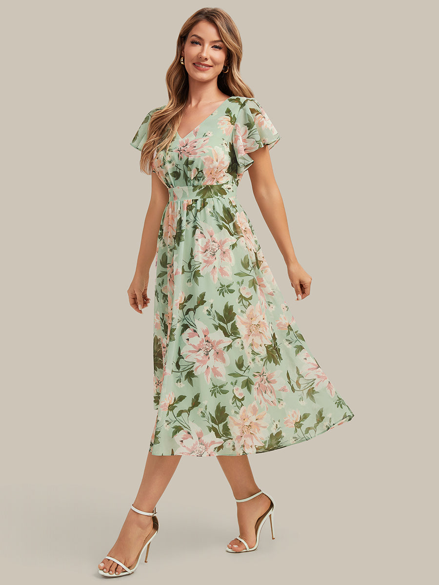Color=Light Green Floral | One Stop Shop Short Sleeve Ruffle V-Neck A-Line Midi Non-Stretch Wedding Guest Dresses-Light Green Floral 4