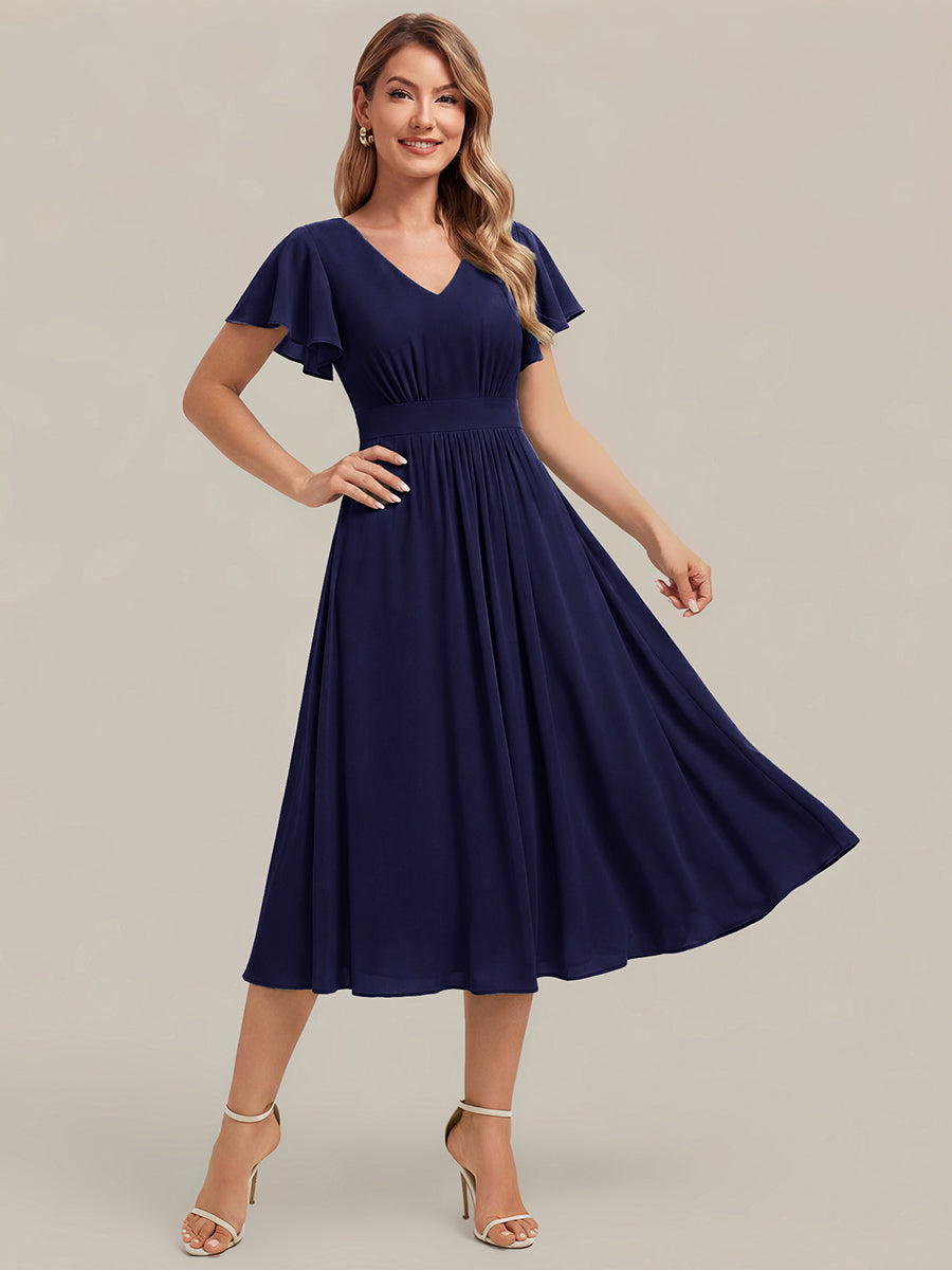 Color=Navy Blue | One Stop Shop Short Sleeve Ruffle V-Neck A-Line Midi Non-Stretch Wedding Guest Dresses-Navy Blue 1