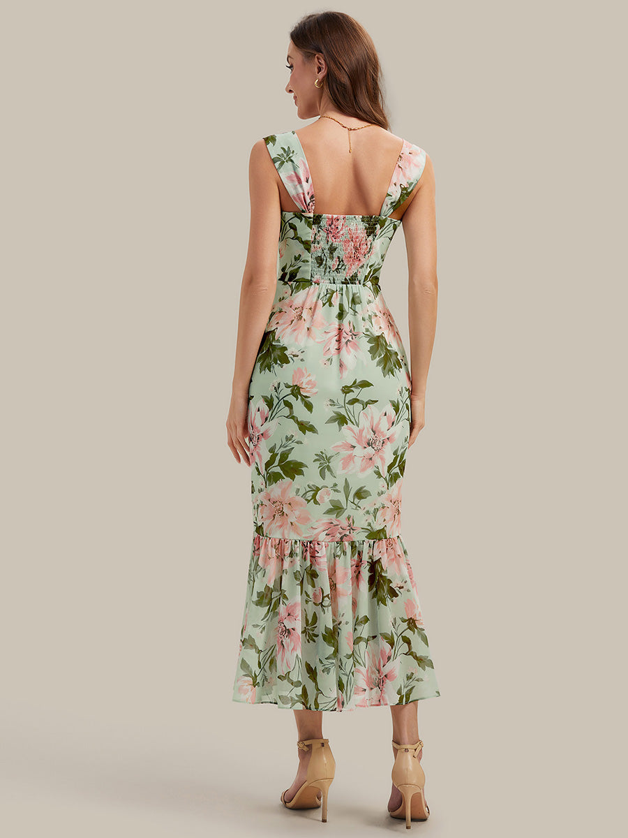 Color=Light Green Floral | Industrial Use Sleeveless Sweetheart Neck Fishtail Pleated Midi Wedding Guest Dress-Light Green Floral 7