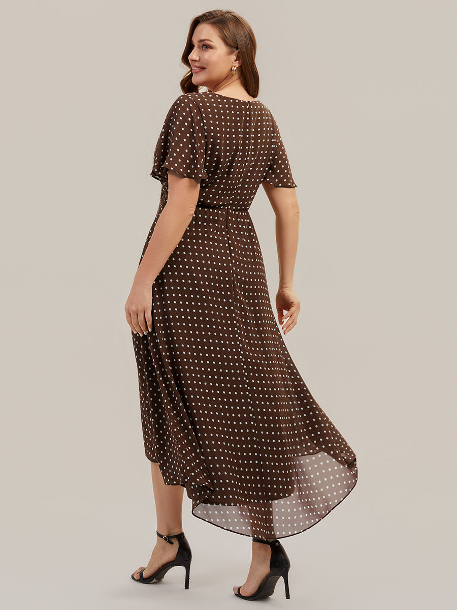 Color=Brown polka dots | Fast Delivery Short Sleeve Ruffle V-Neck Polka Dot A-Line High-Low Wedding Guest Dresses-Brown polka dots 17