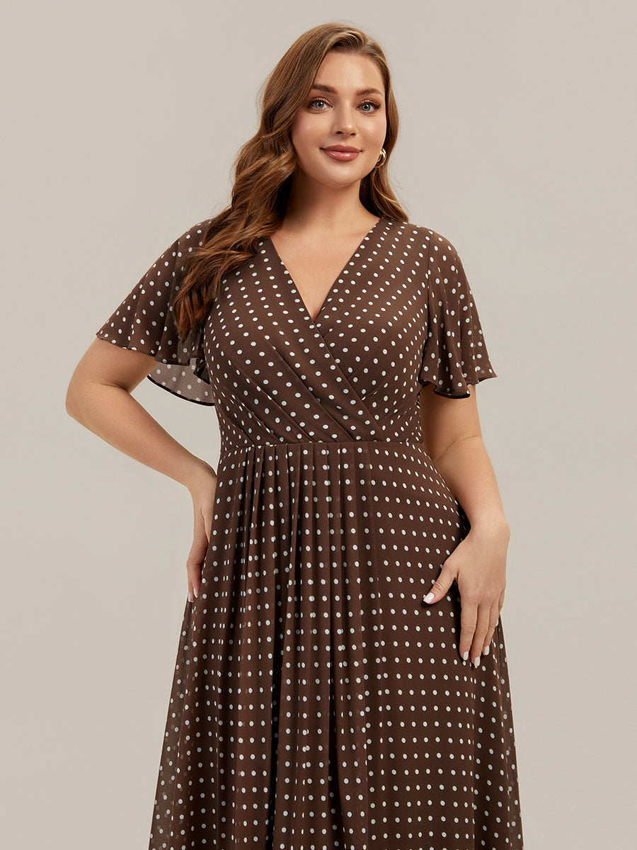 Color=Brown polka dots | Fast Delivery Short Sleeve Ruffle V-Neck Polka Dot A-Line High-Low Wedding Guest Dresses-Brown polka dots 18