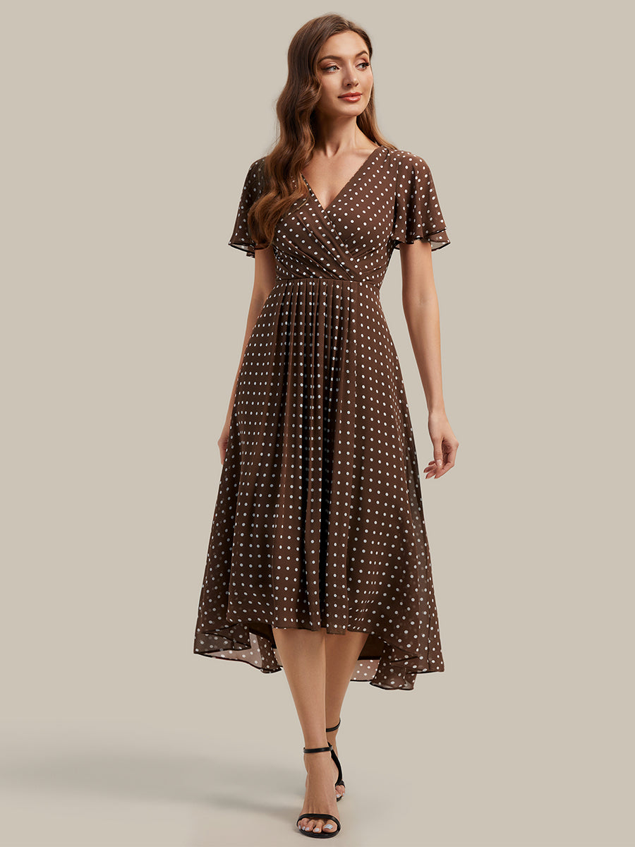 Color=Brown polka dots | Fast Delivery Short Sleeve Ruffle V-Neck Polka Dot A-Line High-Low Wedding Guest Dresses-Brown polka dots 15