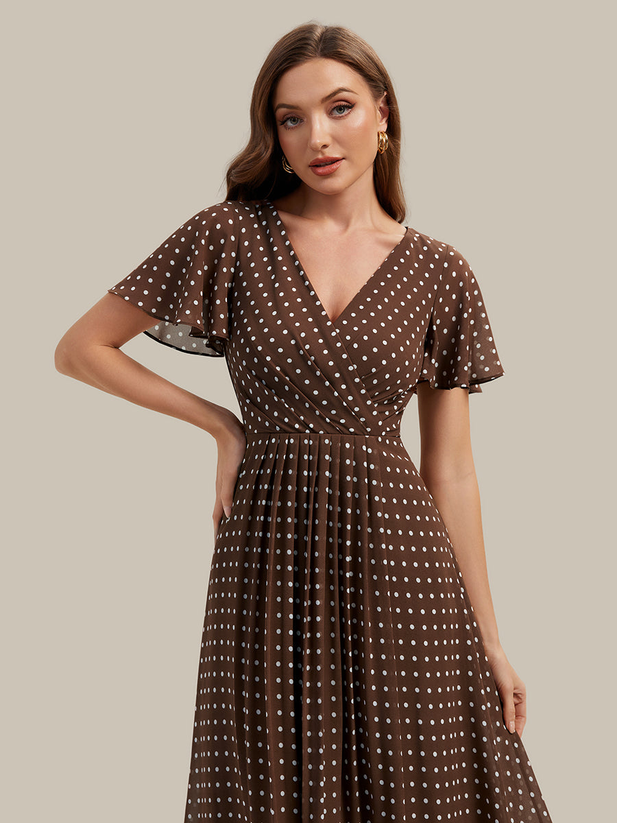 Color=Brown polka dots | Fast Delivery Short Sleeve Ruffle V-Neck Polka Dot A-Line High-Low Wedding Guest Dresses-Brown polka dots 13